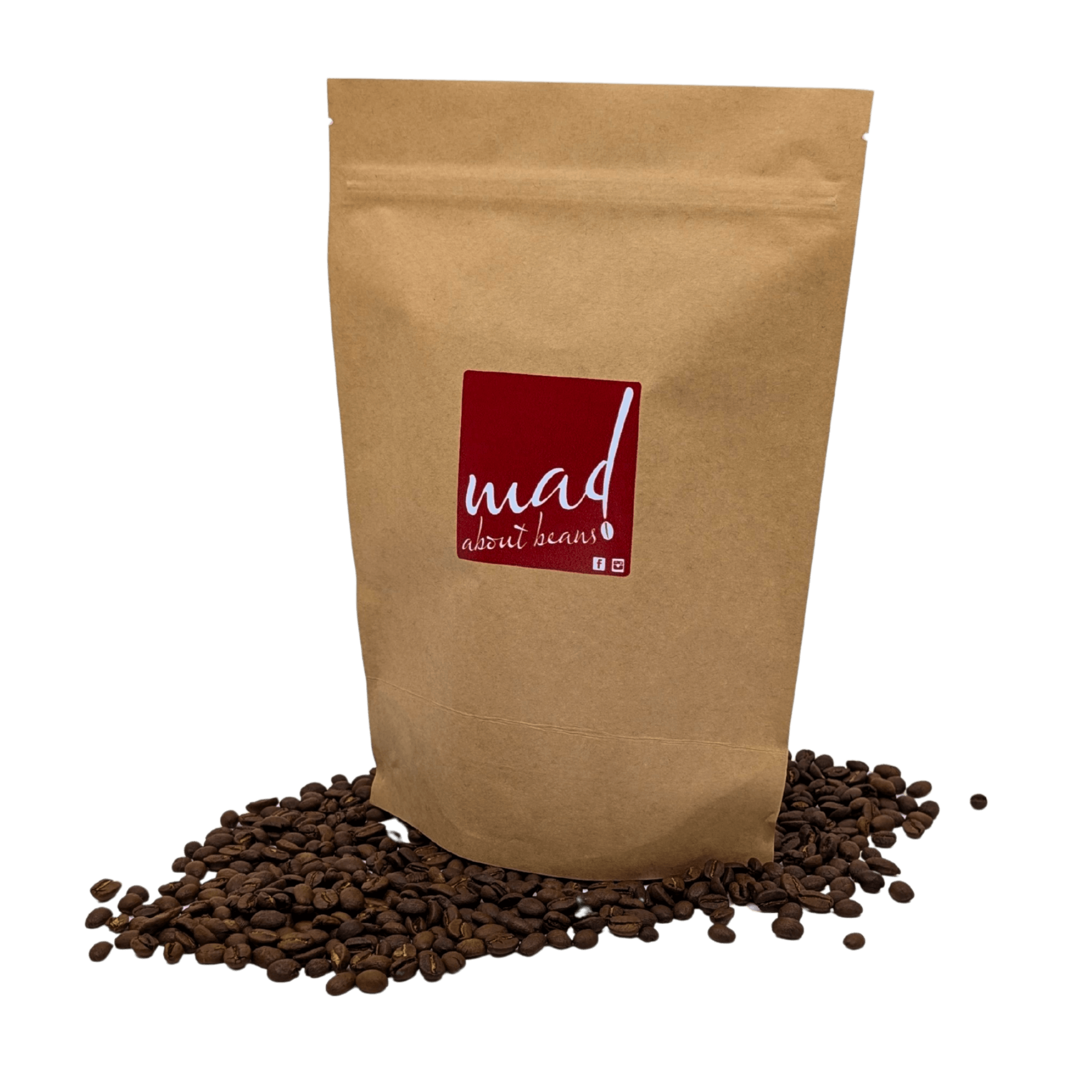 Chamaeleonn roasted to order for enhanced freshness and flavour by Mad About Beans. Picture of coffee bag on bed of freshly roasted coffee. Freshly small batch roasted in Grovedale Geelong, Victoria
