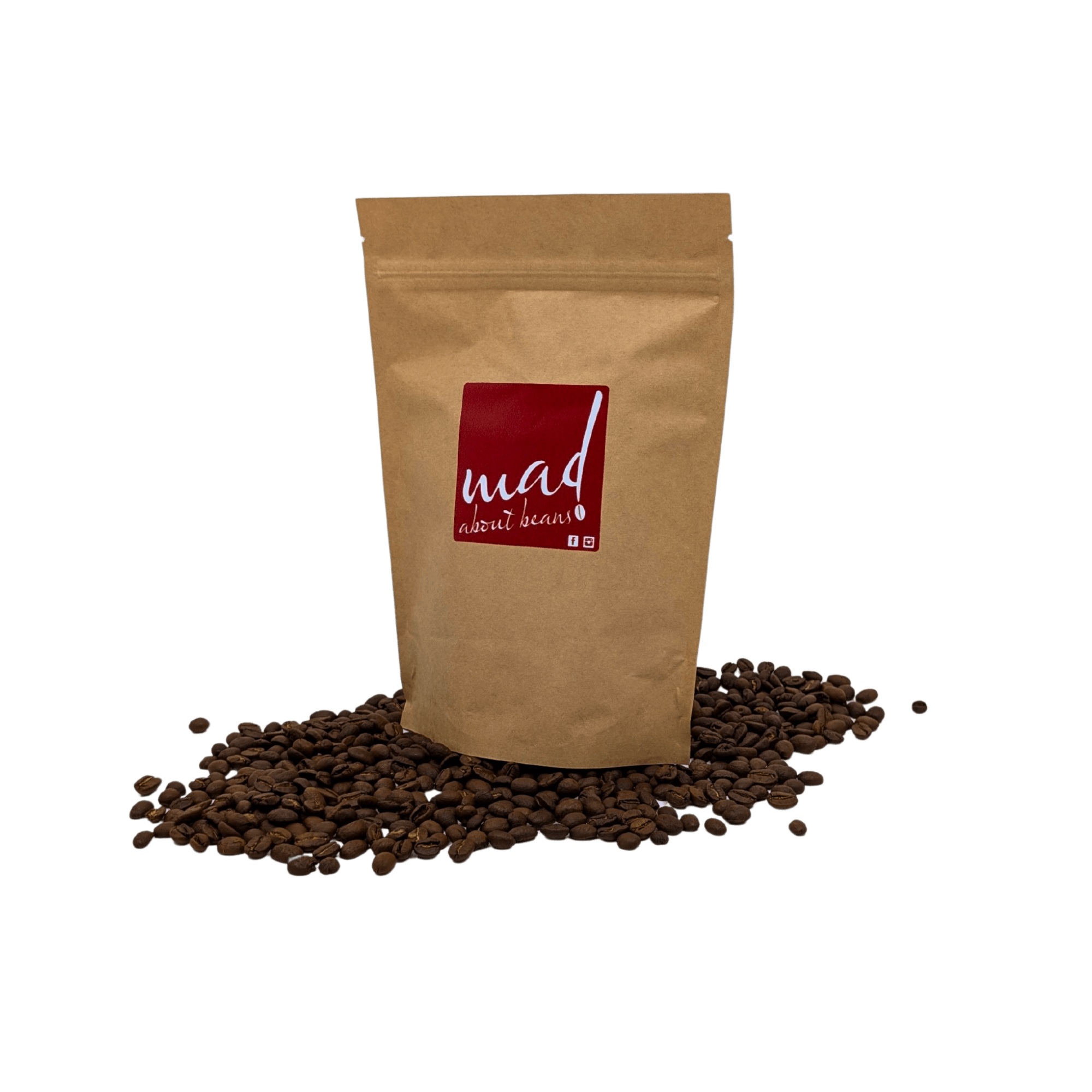 Chamaeleonn roasted to order for enhanced freshness and flavour by Mad About Beans. Picture of coffee bag on bed of freshly roasted coffee. Freshly small batch roasted in Grovedale Geelong, Victoria