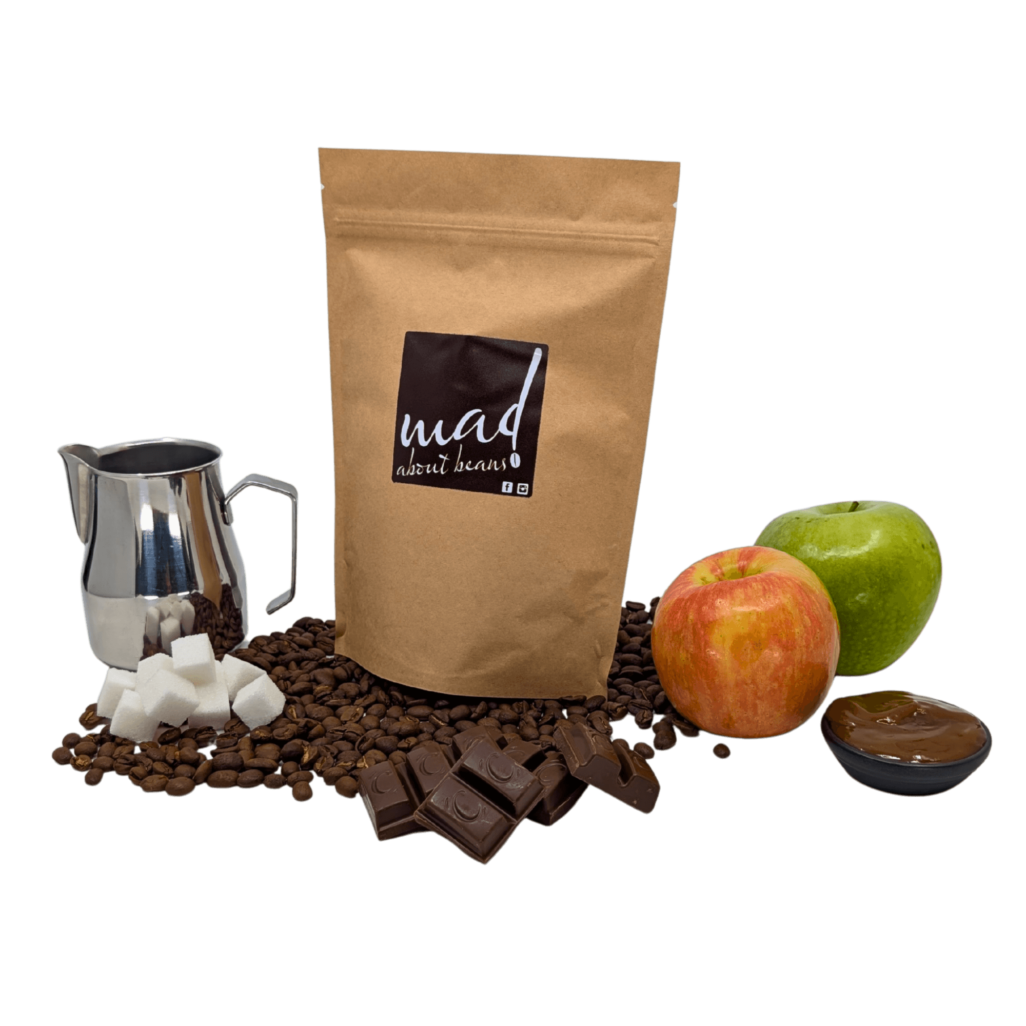 Hampelmann small batch freshly roasted coffee flavour and tasting notes of apple, caramel, milk, chocolate and sweetness, with coffee bag by Mad About Beans