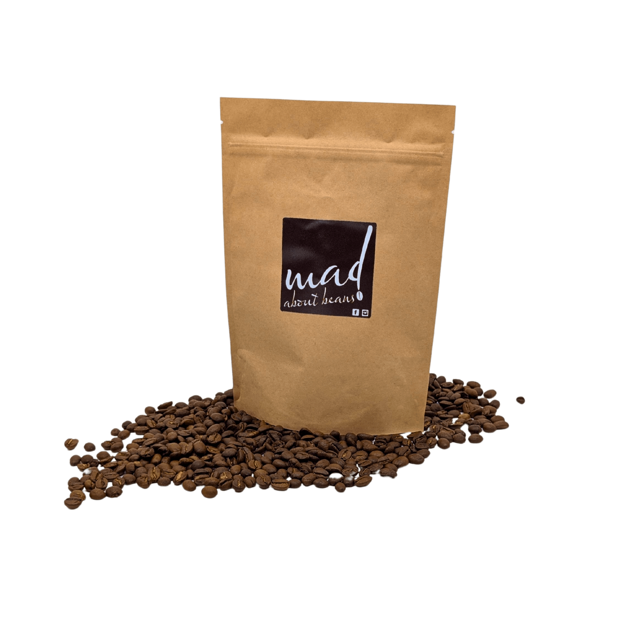 Hampelmann roasted to order for enhanced freshness and flavour by Mad About Beans. Picture of coffee bag on bed of freshly roasted coffee. Freshly small batch roasted in Grovedale Geelong, Victoria