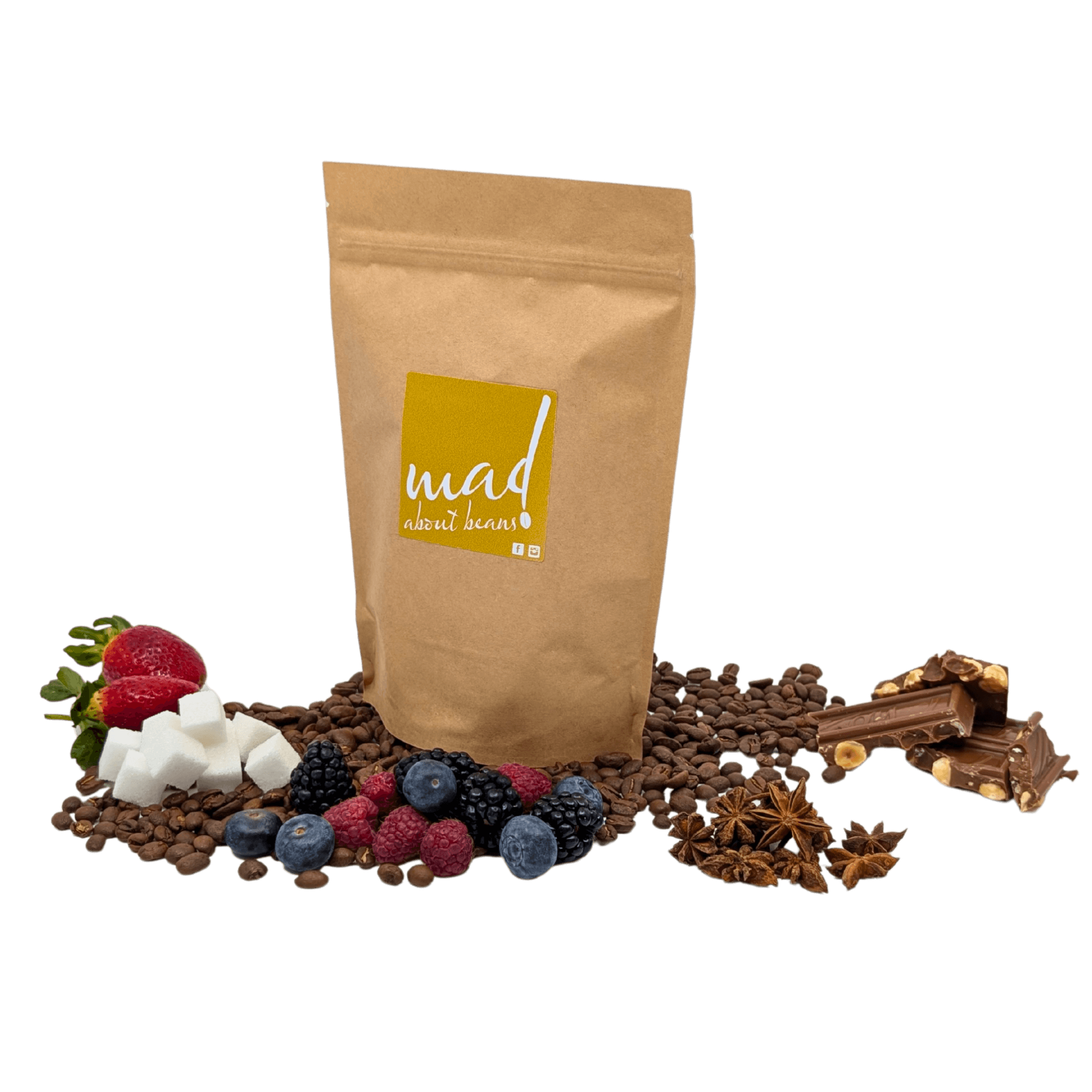 Tasting notes for Purzelbaum small batch freshly roasted coffee. Mixed spice, berries, nut chocolate, sugar and strawberries, with coffee bag. Coffee roasted by Mad About Beans