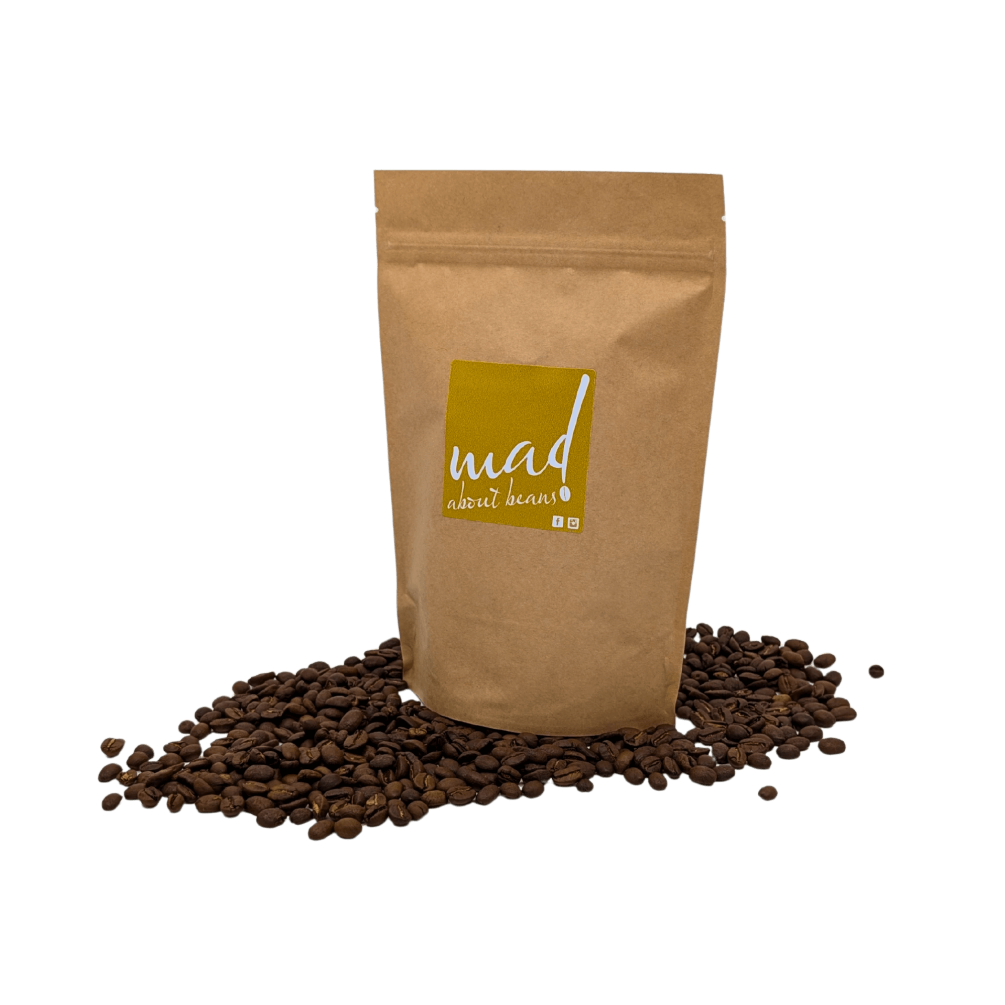 Purzelbaum roasted to order for enhanced freshness and flavour by Mad About Beans. Picture of coffee bag on bed of freshly roasted coffee. Freshly small batch roasted in Grovedale Geelong, Victoria