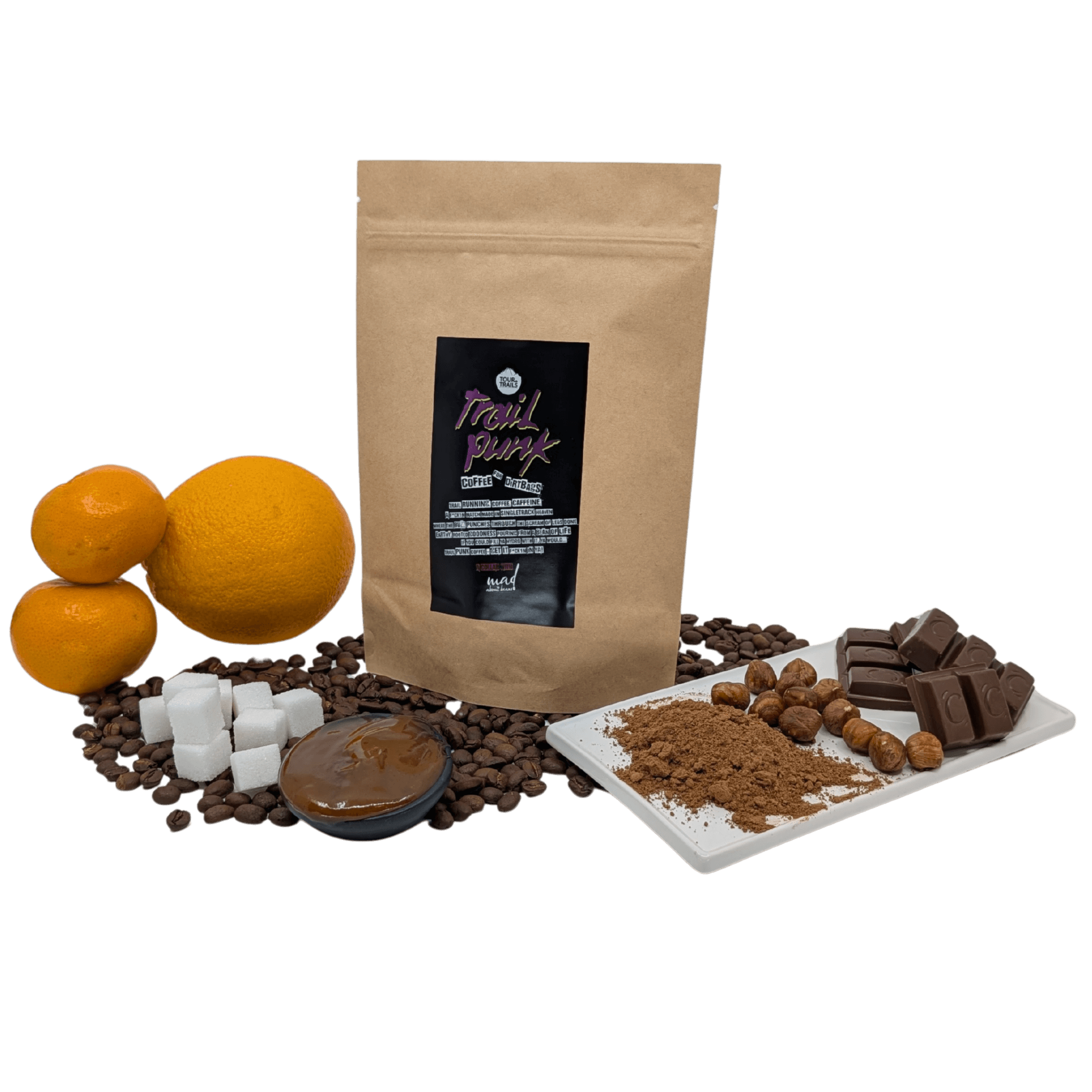 Trail Punk Freshly roasted small batch coffee flavour notes - orange, mandarin, chocolate, sugar, caramel, cocoa and toasted hazelnuts, with coffee bag - coffee by Mad About Beans