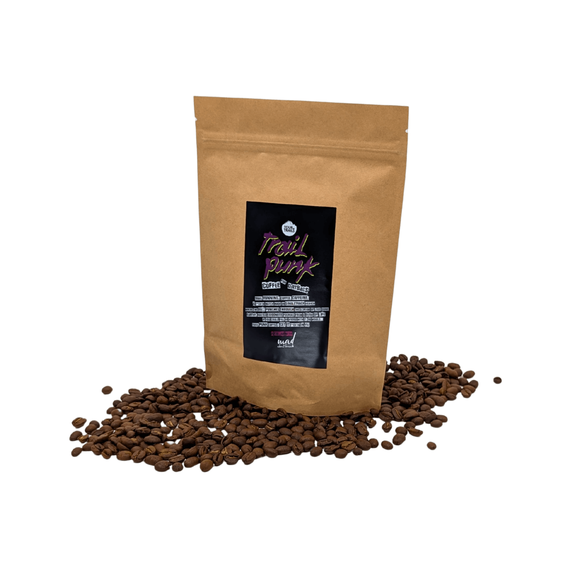 Trail Punk roasted to order for enhanced freshness and flavour by Mad About Beans. Picture of coffee bag on bed of freshly roasted coffee. Freshly small batch roasted in Grovedale Geelong, Victoria