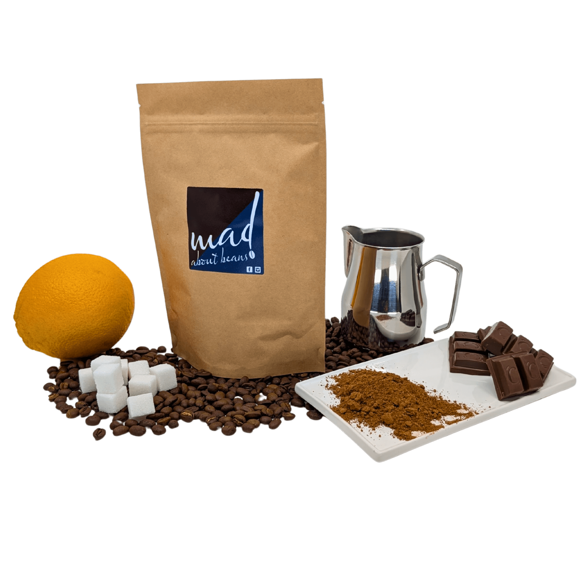 Zeitgeist small batch freshly roasted coffee flavour and tasting notes of milk, orange, sweetness, cocoa and chocolate, with coffee bag by Mad About Beans