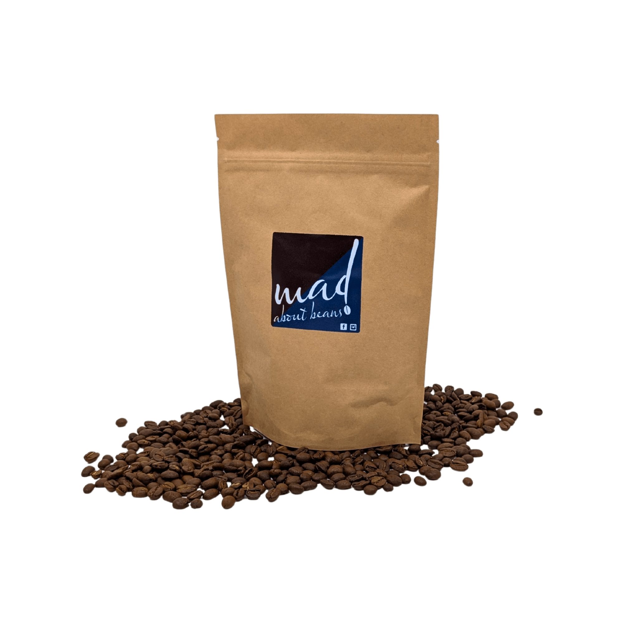 Zeitgeist roasted to order for enhanced freshness and flavour by Mad About Beans. Picture of coffee bag on bed of freshly roasted coffee. Freshly small batch roasted in Grovedale Geelong, Victoria