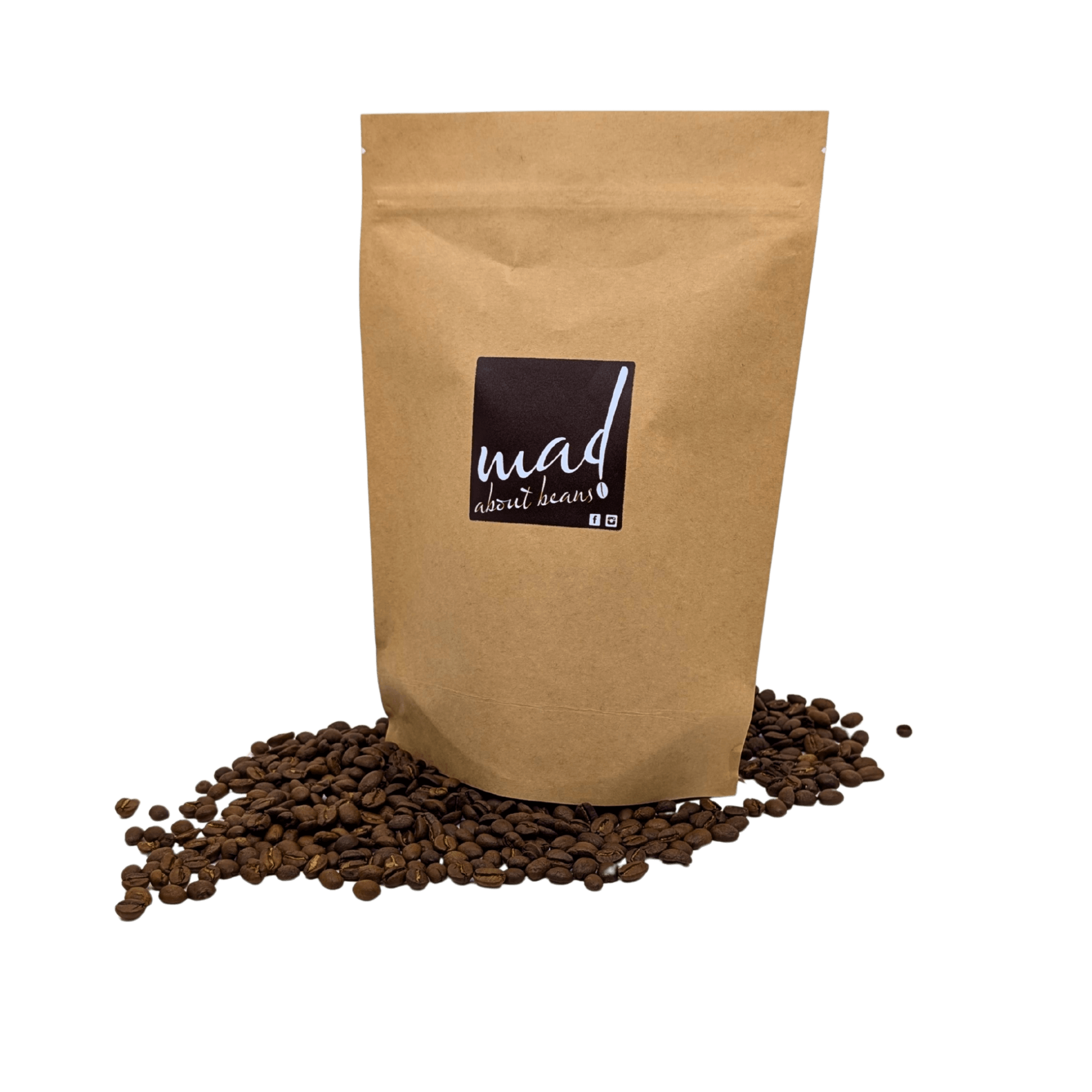 Hampelmann roasted to order for enhanced freshness and flavour by Mad About Beans. Picture of coffee bag on bed of freshly roasted coffee. Freshly small batch roasted in Grovedale Geelong, Victoria