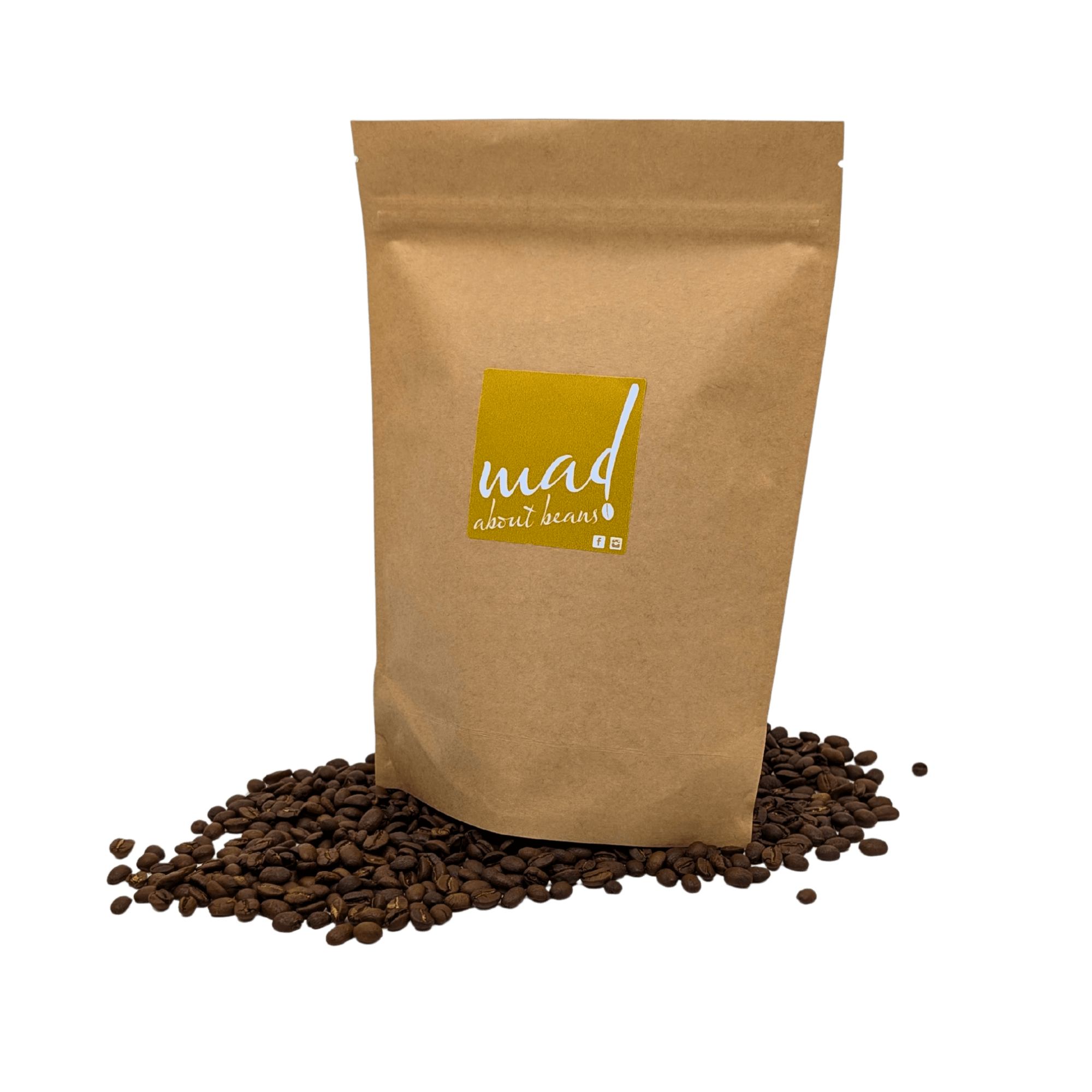 Purzelbaum roasted to order for enhanced freshness and flavour by Mad About Beans. Picture of coffee bag on bed of freshly roasted coffee. Freshly small batch roasted in Grovedale Geelong, Victoria