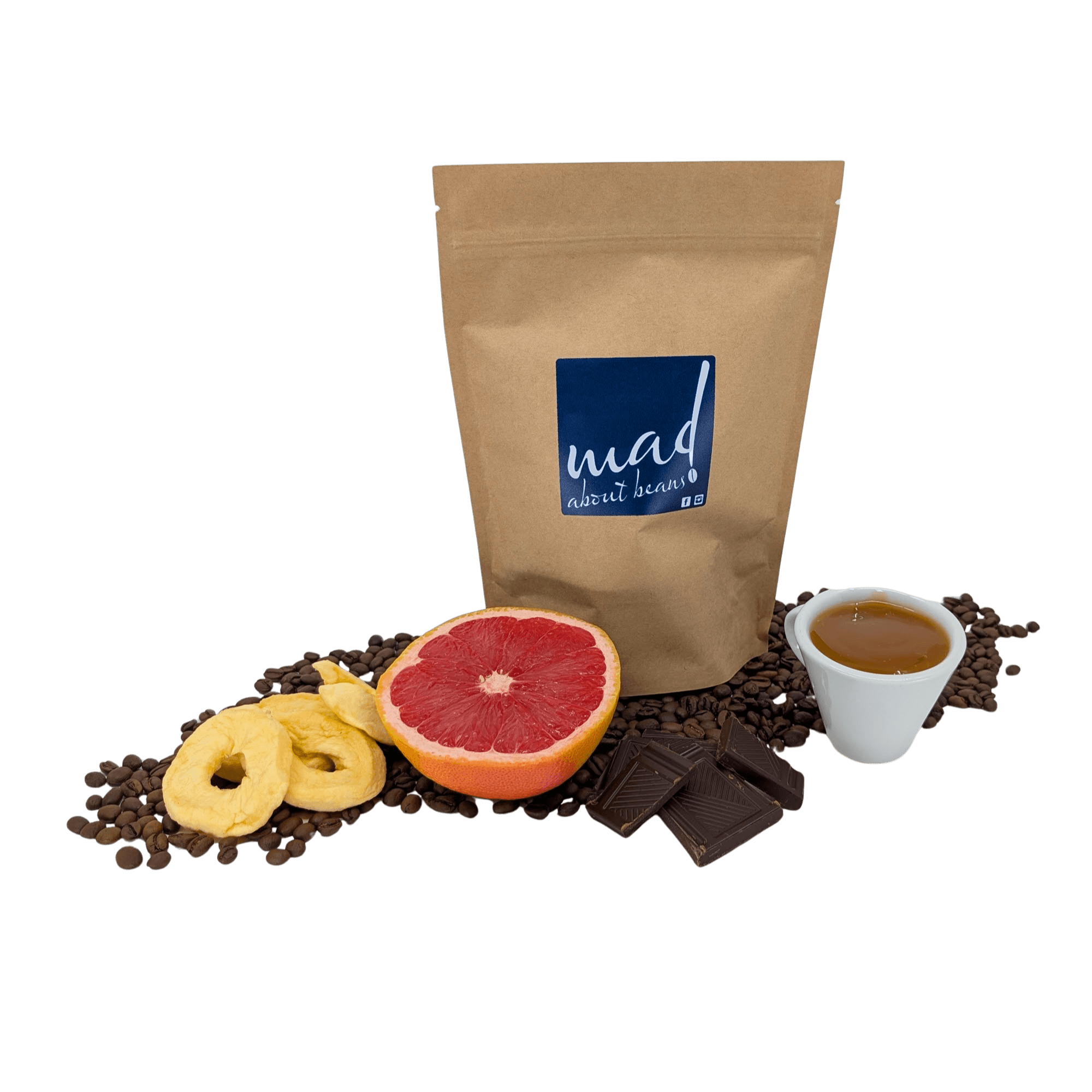 Schadenfreude small batch freshly roasted coffee flavour and tasting notes of sweetness, dried apple, bakers chocolate, grapefruit and toffee. Smooth and balanced body with a lingering, slightly sweet finish, with bag by Mad About Beans