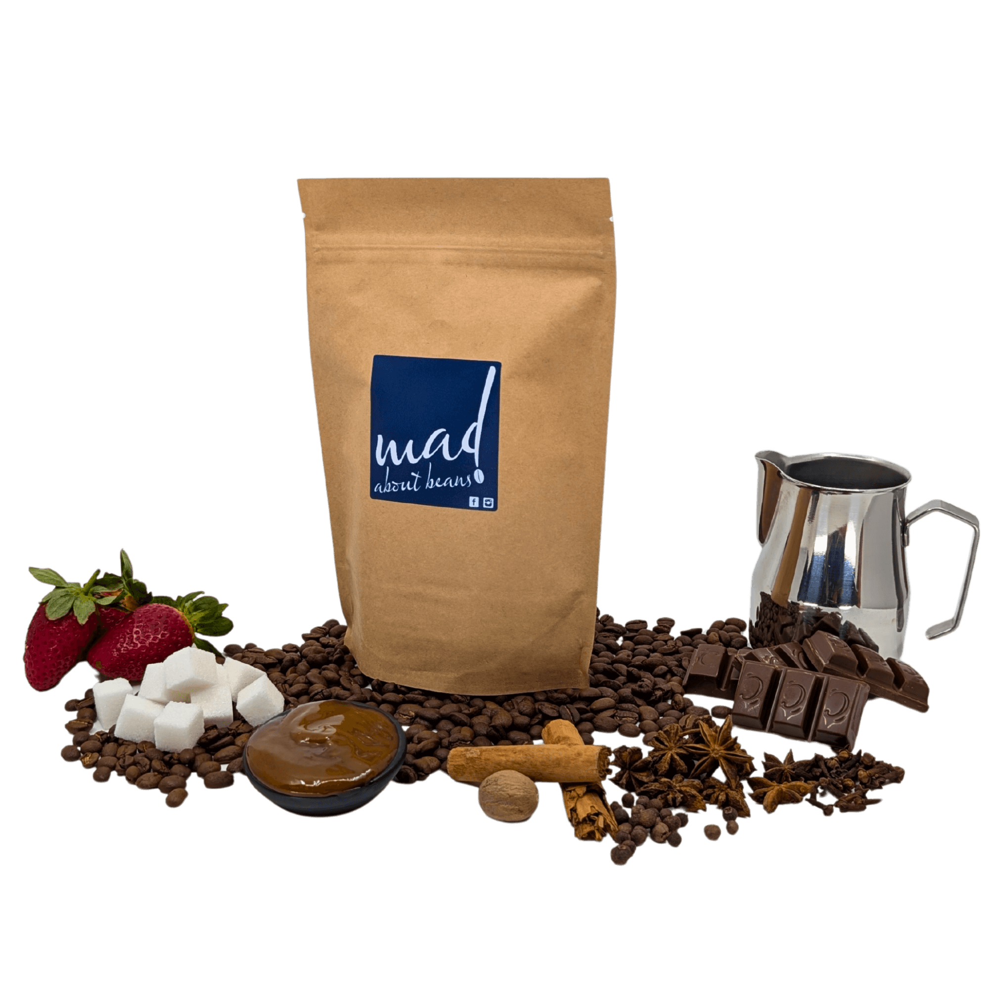 Schadenfreude small batch freshly roasted coffee flavour and tasting notes of sweetness, strawberries, milk, chocolate, spices and caramel, with bag by Mad About Beans