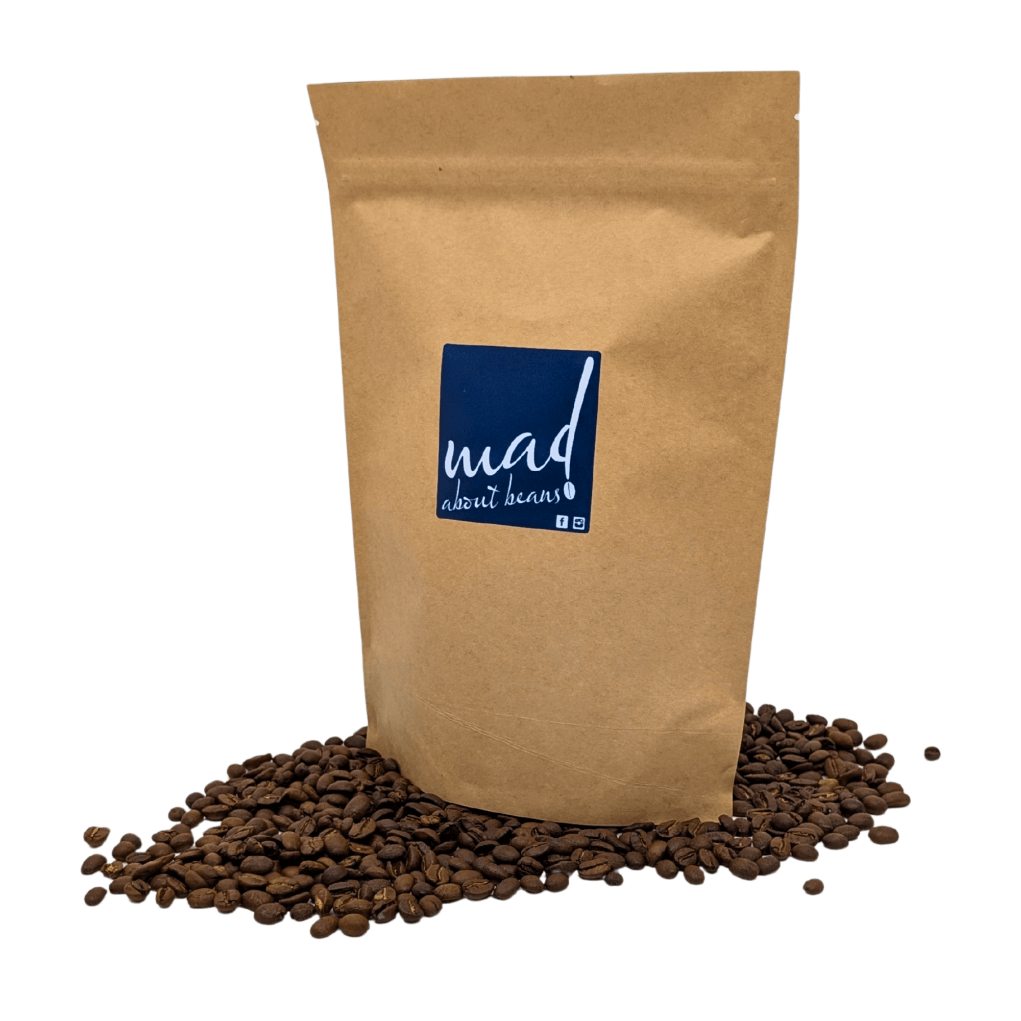 Schadenfreude roasted to order for enhanced freshness and flavour by Mad About Beans. Picture of coffee bag on bed of freshly roasted coffee. Freshly small batch roasted in Grovedale Geelong, Victoria