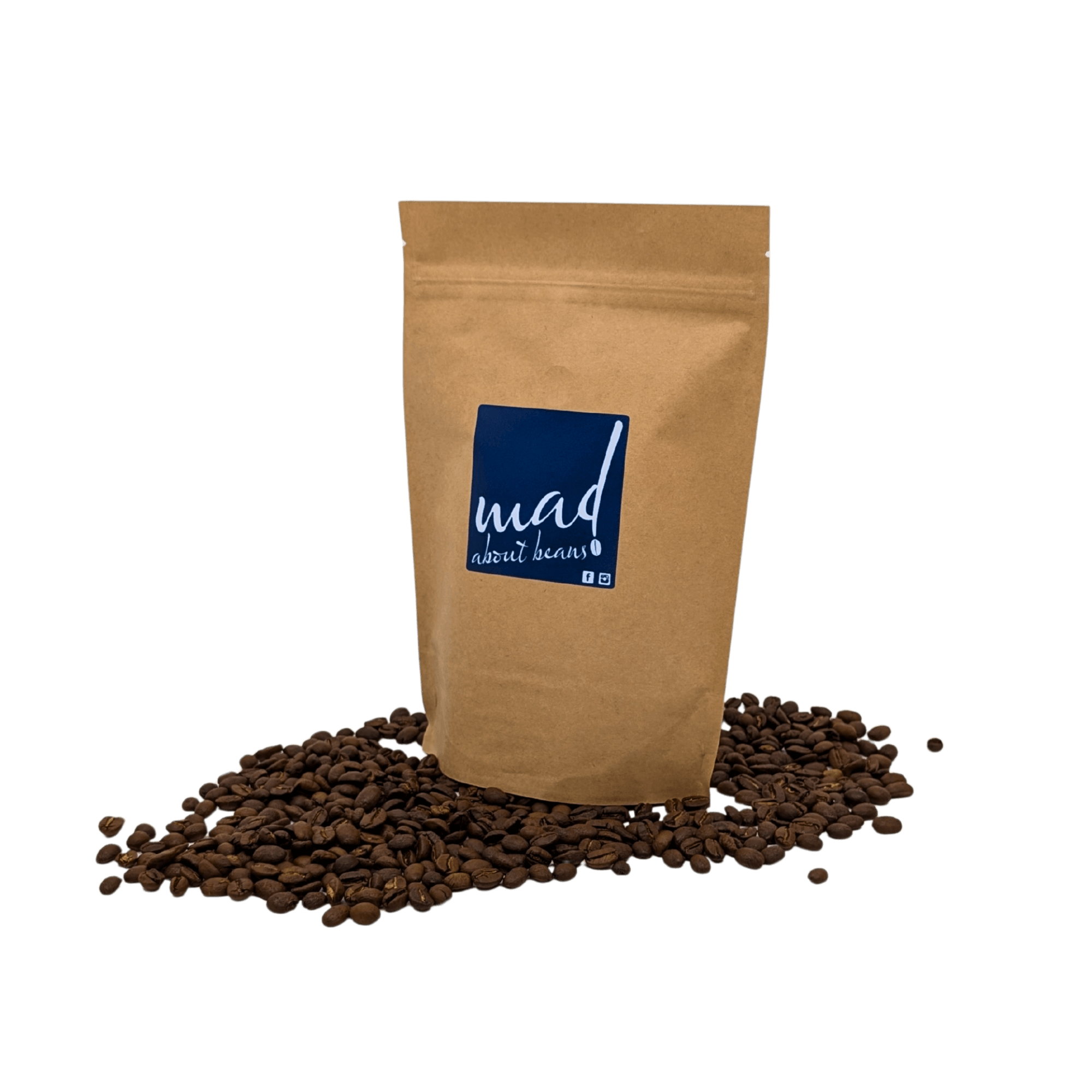 Schadenfreude roasted to order for enhanced freshness and flavour by Mad About Beans. Picture of coffee bag on bed of freshly roasted coffee. Freshly small batch roasted in Grovedale Geelong, Victoria