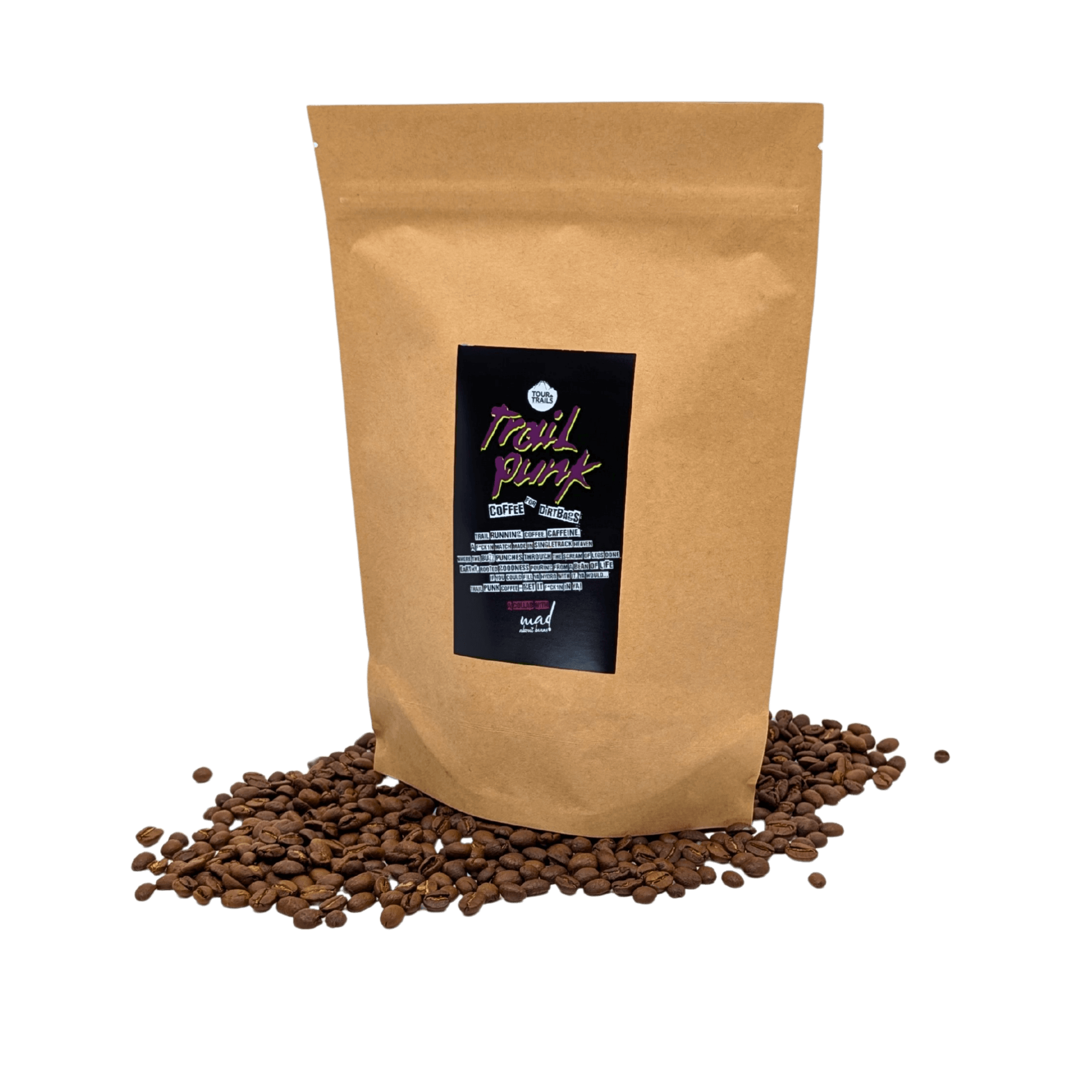Trail Punk roasted to order for enhanced freshness and flavour by Mad About Beans. Picture of coffee bag on bed of freshly roasted coffee. Freshly small batch roasted in Grovedale Geelong, Victoria
