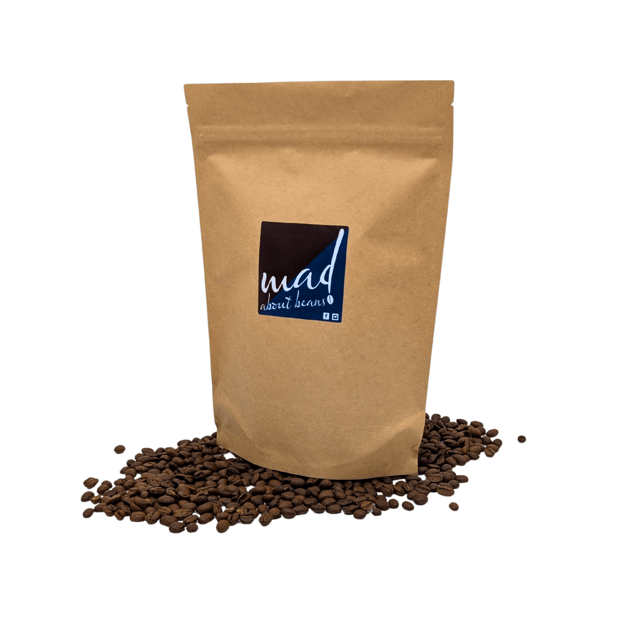 Zeitgeist roasted to order for enhanced freshness and flavour by Mad About Beans. Picture of coffee bag on bed of freshly roasted coffee. Freshly small batch roasted in Grovedale Geelong, Victoria